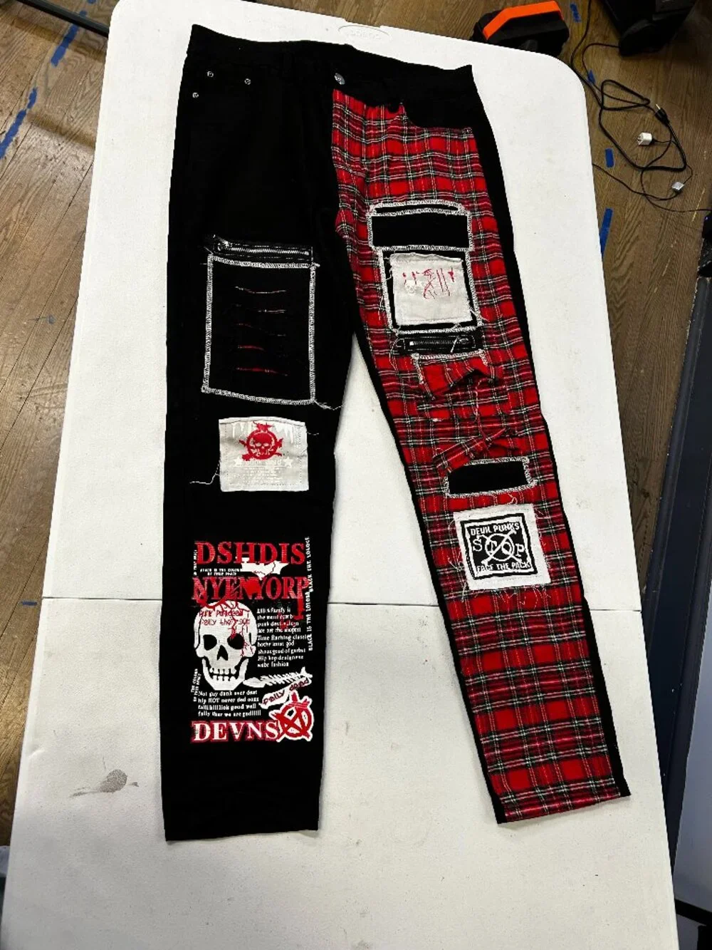 Black Rocker Jeans Skinny Twill Red Plaid Patches